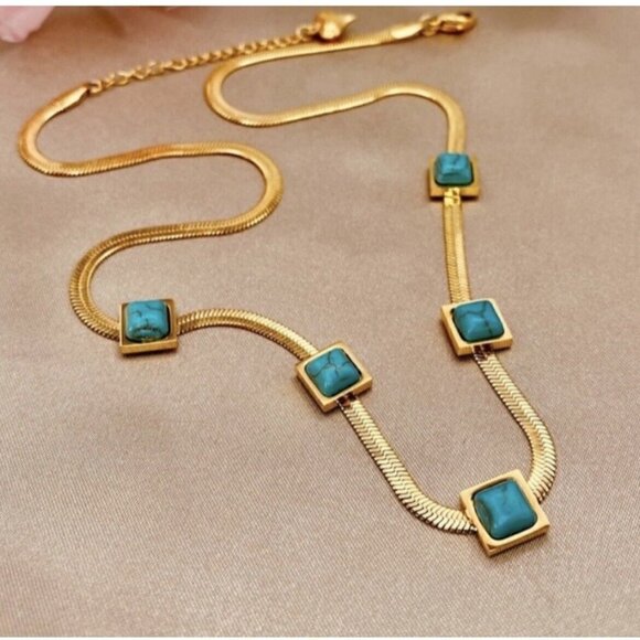18K Gold Plated turquoise Herringbone necklace Snake Womens Jewelry - Picture 1 of 10